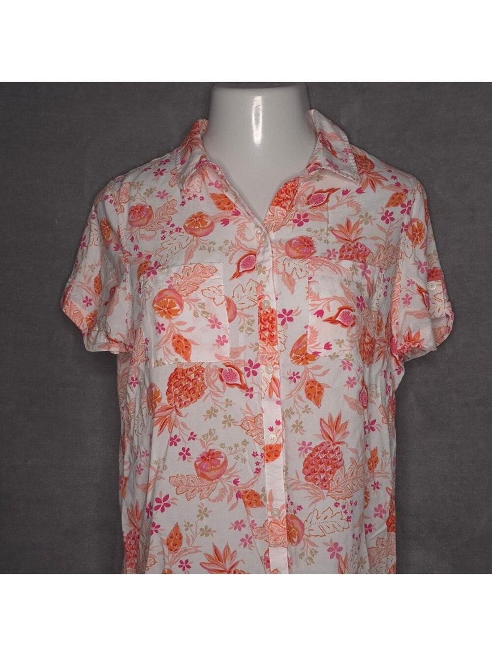 Croft & Barrow Womens Tropical Floral Button-Up Shirt L Pink Orange Short Sleeve